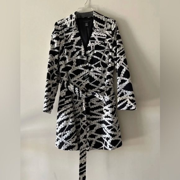 Women Midi Belted Black and White Trench Coat Jacket Blazer - Picture 14 of 14